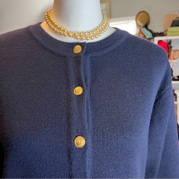 TALBOTS Luxe Navy 100% Merino Wool Cardigan w/ Gold Crest Buttons - Size M - Picture 4 of 10